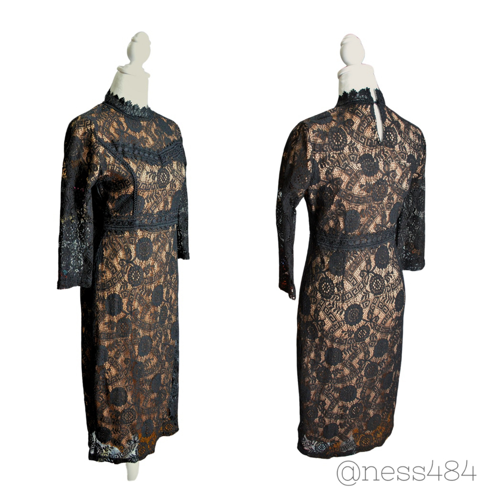 Polagram Black‎ Lace Mock Neck Sheath Dress Small - Picture 3 of 5